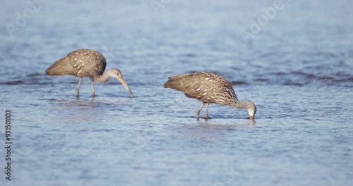 Two Limpkin Birds wading in shallow water foraging for food in sand bed photo