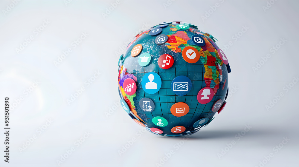 3D globe with search engine icons orbiting around it, symbolizing global internet connectivity 3D globe with search engine icons orbiting around it, symbolizing global internet connectivity