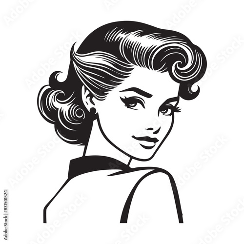 Vintage Retro Woman Face Clipart, Retro Housewife Silhouette,  Cute Vintage Woman look the behind illustration in black and white