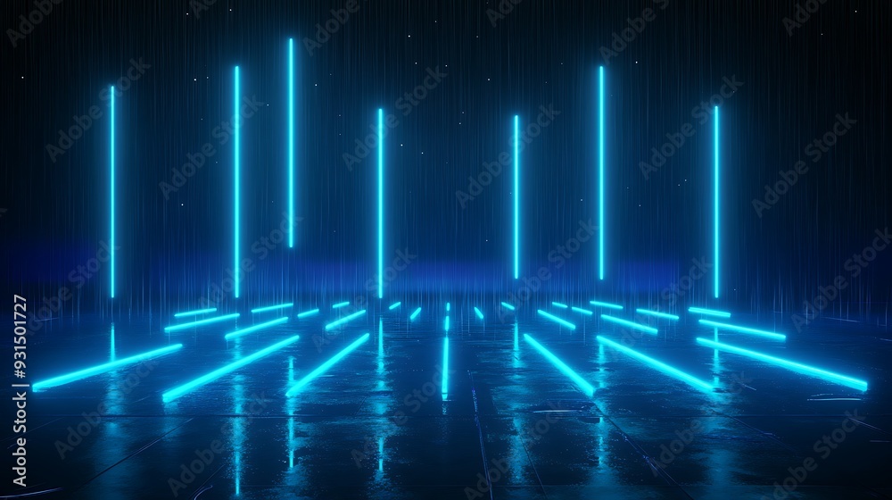 Abstract digital art depicting neon blue glowing lines in a dark, futuristic setting with reflections on a shiny floor. Abstract digital art depicting neon blue glowing lines in a dark, futuristic setting with reflections on a shiny floor.
