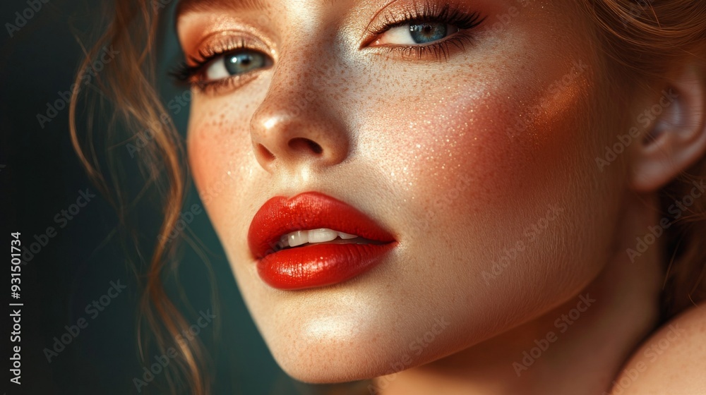 Close-up of a woman with a flawless makeup look, featuring a glowing complexion, dramatic eye makeup, and a bright red lip, showcasing her polished appearance. Close-up of a woman with a flawless makeup look, featuring a glowing complexion, dramatic eye makeup, and a bright red lip, showcasing her polished appearance.