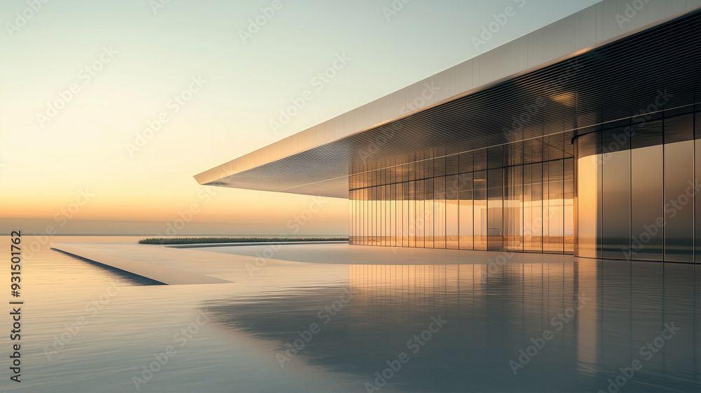 a building with a reflection of the sunset on the water a building with a reflection of the sunset on the water