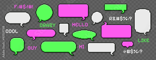 Pixel art speech bubbles set. Retro game style dialogue boxes on transparent background. Empty chat communication box, talk balloon with swear words, text. 8bit pixelated dialog clouds, message frames