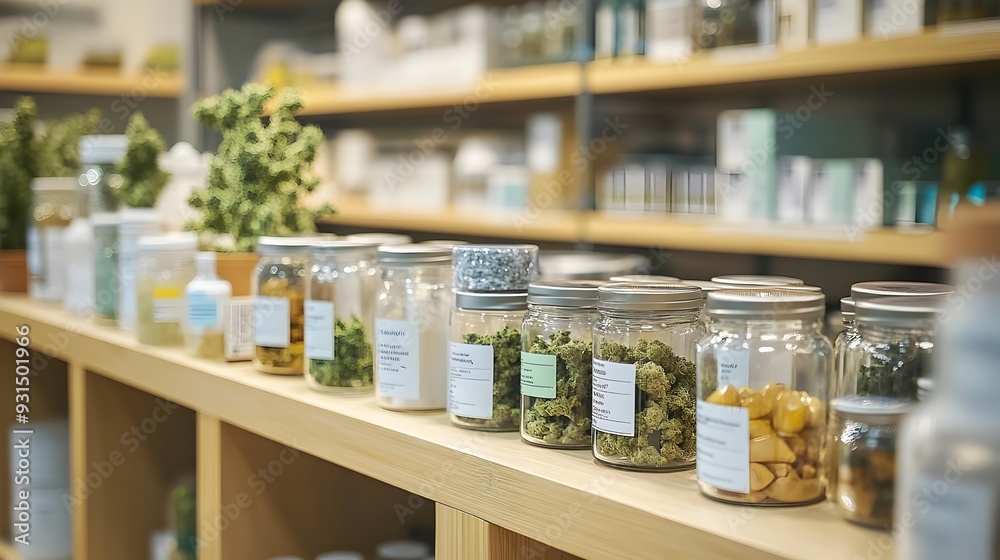 Tidy and Organized Interior of a Modern Medical Cannabis Dispensary Showcasing a Range of Pharmaceutical Grade Products Arranged on Shelves Tidy and Organized Interior of a Modern Medical Cannabis Dispensary Showcasing a Range of Pharmaceutical Grade Products Arranged on Shelves