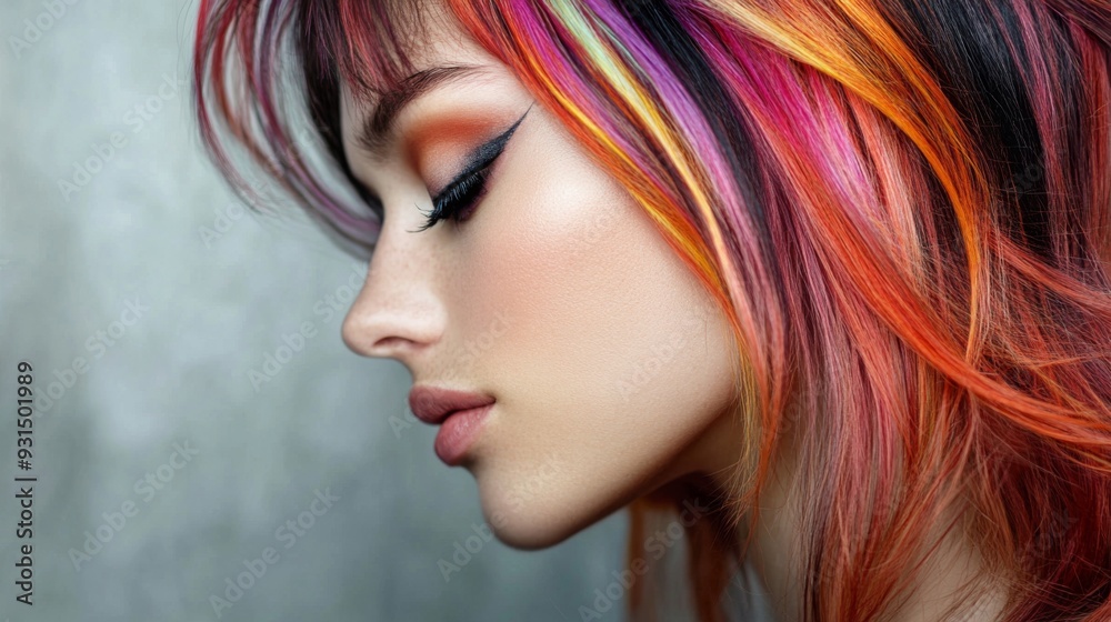 Close-up of a woman with beautifully colored hair, featuring vibrant highlights and a stylish cut, set against a neutral backdrop to emphasize the hair richness. Close-up of a woman with beautifully colored hair, featuring vibrant highlights and a stylish cut, set against a neutral backdrop to emphasize the hair richness.