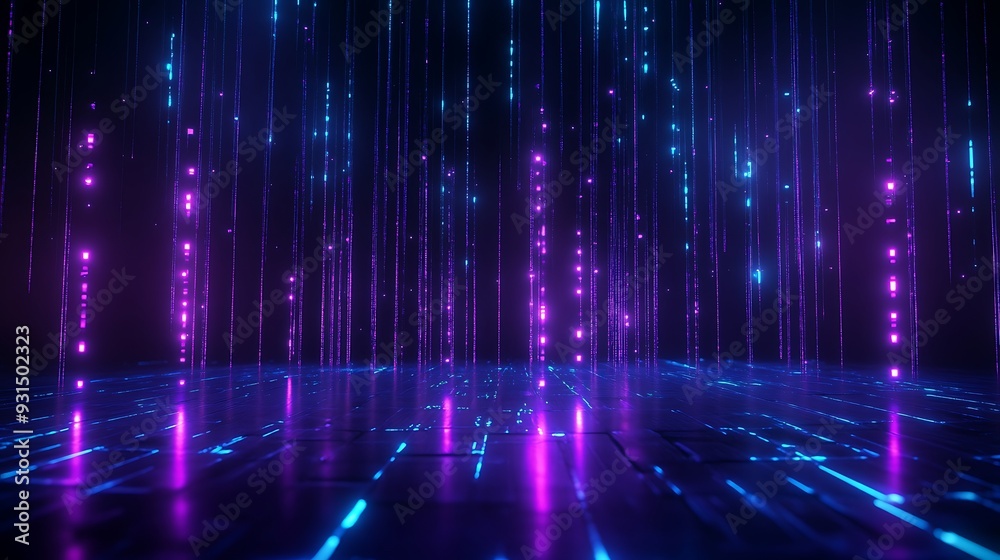 Abstract digital background with glowing lines and dots in blue and purple tones. Futuristic technology concept with neon lights.