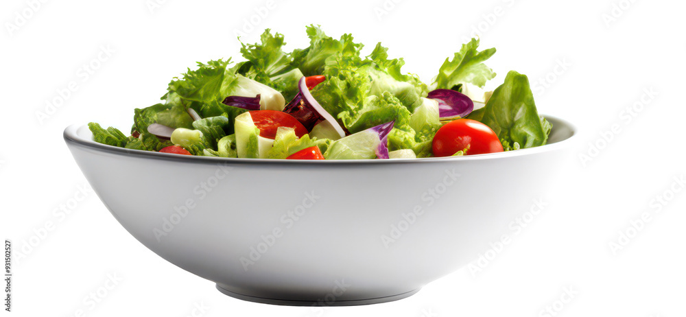 Fresh green salad with tomatoes and vibrant vegetables isolate on transparent background, cutout, png