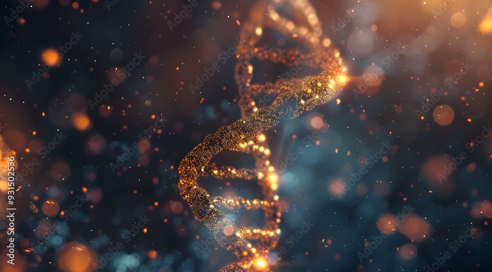 Obraz premium 3D render of a double helix DNA structure, with glowing particles and a bokeh background
