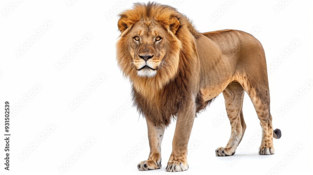 Stock photo of a lion standing alone against a white background. Stock photo of a lion standing alone against a white background.