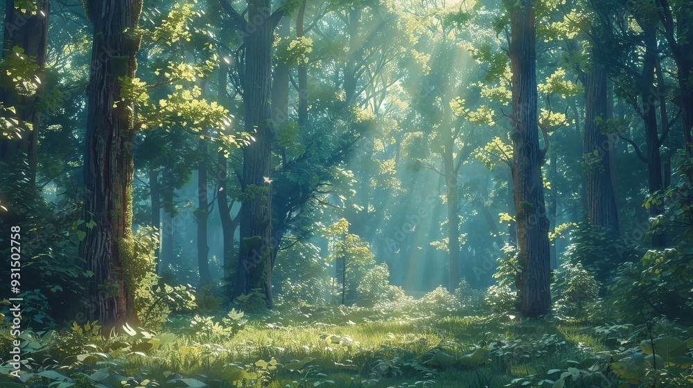 Obraz premium Morning scene with a green forest and sunlight. Photograph.