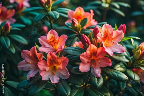 Vibrant pink azalea flowers bloom in natural daylight, showcasing delicate petals and golden centers, set against a soft, blurred green foliage background. photo