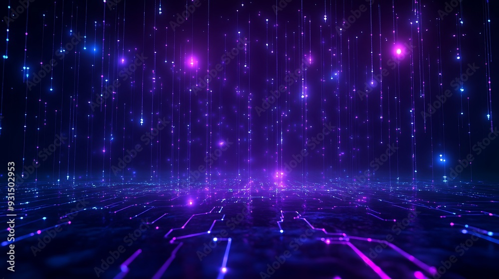 Obraz premium Abstract digital futuristic neon background with glowing lines and dots, representing innovation and technology in a virtual space.