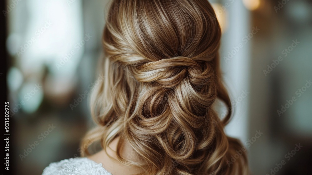 Close-up of a woman hair styled in a trendy, half-up, half-down look, with soft curls and a polished, sophisticated finish. Close-up of a woman hair styled in a trendy, half-up, half-down look, with soft curls and a polished, sophisticated finish.