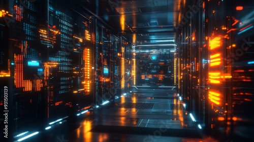 Advanced AI Data Center: A futuristic data center with glowing servers and holographic interfaces, representing advanced AI technology.