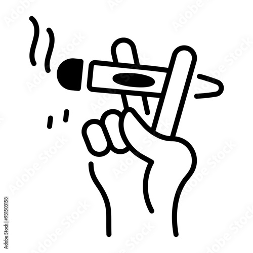 Burning cuban cigar in a hand, line icon 