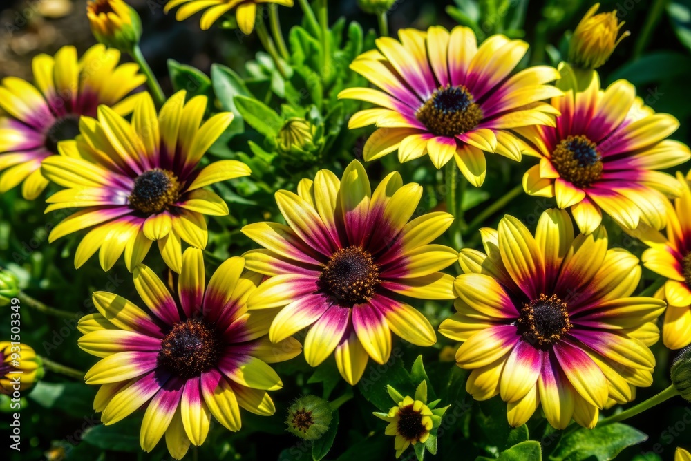 Vibrant yellow flowers with delicate, intricate petals and dark centers bloom on slender stems against a dramatic, high-contrast black background, showcasing their beauty. Vibrant yellow flowers with delicate, intricate petals and dark centers bloom on slender stems against a dramatic, high-contrast black background, showcasing their beauty.