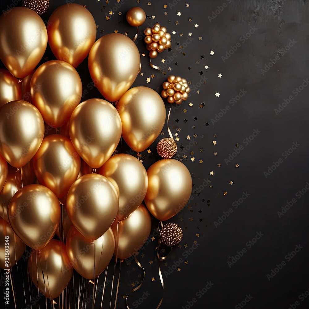 custom made wallpaper toronto digitalGold balloons bunch on a black wall background. Horizontal banner.