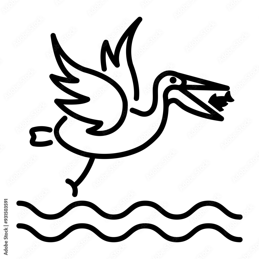 A line icon of pelican eating fish 
