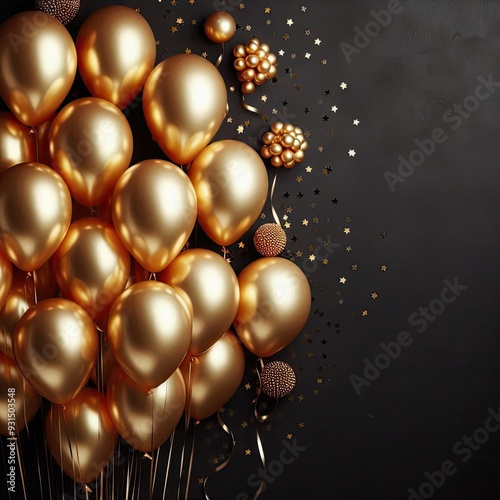 Wallpaper Mural Gold balloons bunch on a black wall background. Horizontal banner. Torontodigital.ca