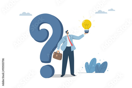 Finding answers to business questions or problems, Generating creative ideas to solve big problems for an organization or company, Businessman holding a light bulb with a big question mark. Vector.