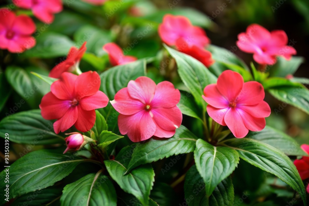 Vibrant Impatiens hawkeri flowers with delicate petals and robust stems thrive in lush green foliage against a soft, blurred natural background. Vibrant Impatiens hawkeri flowers with delicate petals and robust stems thrive in lush green foliage against a soft, blurred natural background.