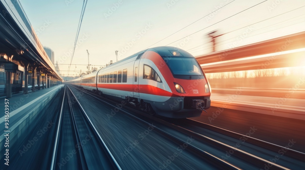Close-up of an electric train gliding smoothly along the tracks, highlighting the sleek design and modern features against a clear sky. Close-up of an electric train gliding smoothly along the tracks, highlighting the sleek design and modern features against a clear sky.