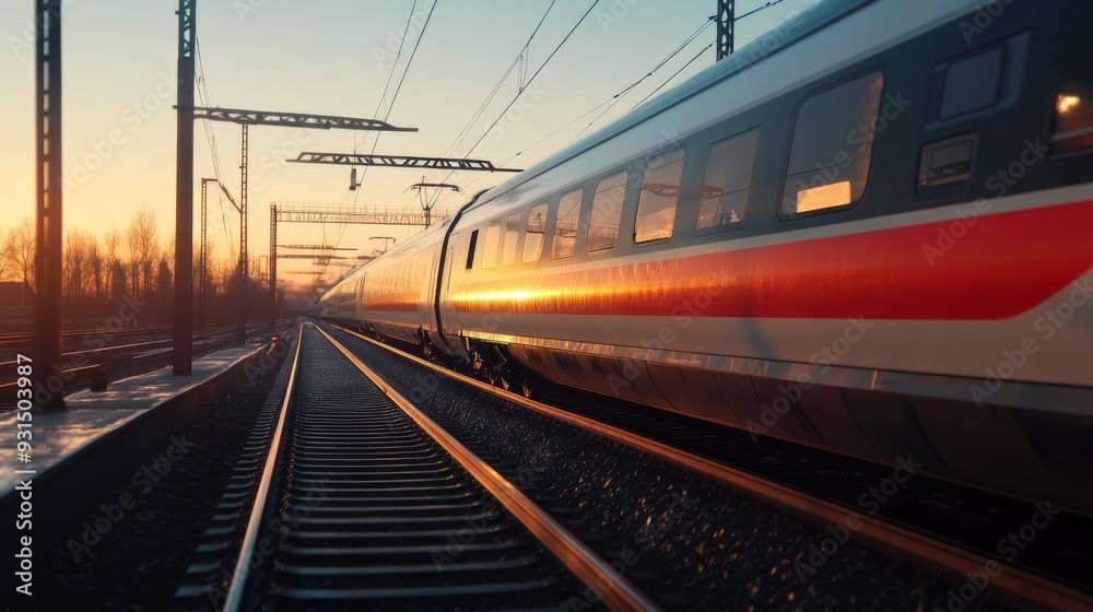 Close-up of an electric train gliding smoothly along the tracks, highlighting the sleek design and modern features against a clear sky. Close-up of an electric train gliding smoothly along the tracks, highlighting the sleek design and modern features against a clear sky.