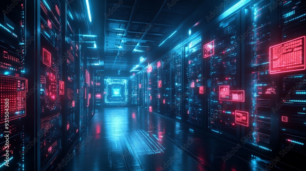 Advanced AI Data Center: A futuristic data center with glowing servers and holographic interfaces, representing advanced AI technology. Advanced AI Data Center: A futuristic data center with glowing servers and holographic interfaces, representing advanced AI technology.
