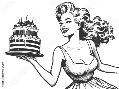 woman holding a decorative cake, reminiscent of classic 1950s style sketch engraving generative ai fictional character vector illustration. Scratch board imitation. Black and white image.