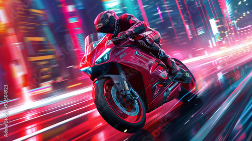 a dynamic motorbike race set in a futuristic cityscape, neon lights illuminating the night