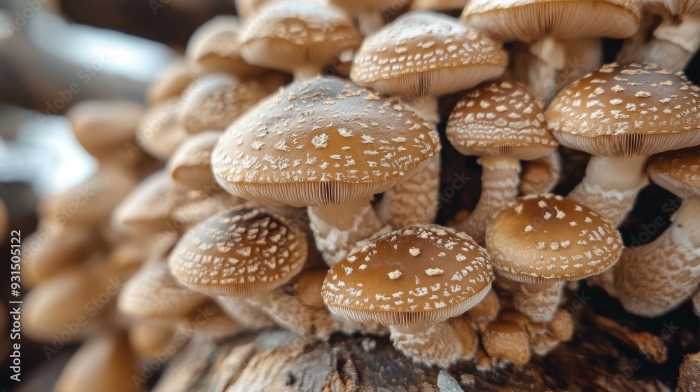 Close-up of shiitake mushrooms growing on a log or substrate, highlighting their natural growing environment and the texture of their caps and stems. Close-up of shiitake mushrooms growing on a log or substrate, highlighting their natural growing environment and the texture of their caps and stems.