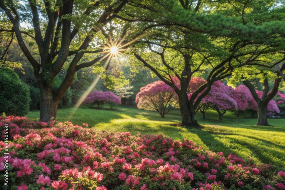 Vibrant pink flowers bloom beneath trees, their magenta petals creating a stunning reef, as sunlight filters through branches, casting intricate patterns on lush green grass.