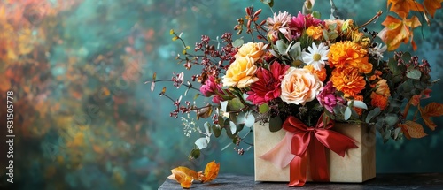 Floral arrangement gift box, autumnal flowers, vase, with ribbon and greenery