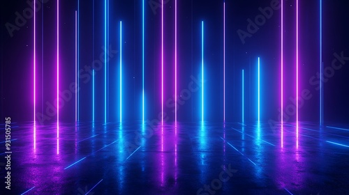 Wallpaper Mural Abstract neon light background featuring vibrant blue and pink glowing light pillars on a reflective surface with a futuristic feel. Torontodigital.ca
