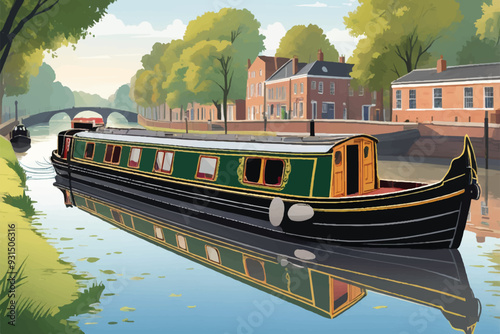 Red narrow boat at a mooring on a summers day in the countryside
