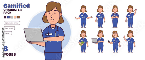 Simple flat gamified female nurse doctor vector character in a set of multiple poses. Easy to edit and isolated on a white background. Modern trendy style character pack with lots of poses.	