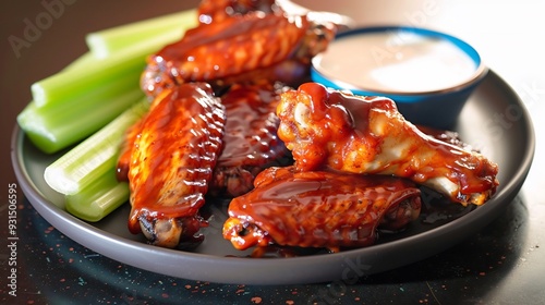 Plate of crispy chicken wings coated in a flavorful barbecue sauce served with celery and ranch dipping sauce photo