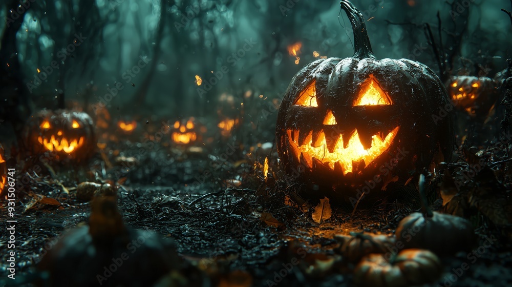 A glowing jack-o'-lantern illuminates a dark, foggy forest, creating a spooky and eerie Halloween atmosphere. A glowing jack-o'-lantern illuminates a dark, foggy forest, creating a spooky and eerie Halloween atmosphere.
