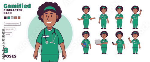 Simple flat black gamified female nurse doctor vector character in a set of multiple poses. Easy to edit and isolated on a white background. Modern trendy style character pack with lots of poses.	