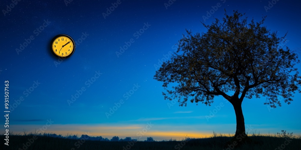 A tree is silhouetted against a dark sky with a large clock in the foreground. The clock is set at 11:00 A tree is silhouetted against a dark sky with a large clock in the foreground. The clock is set at 11:00