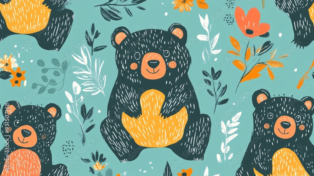 Cute bears in an abstract playful pattern on a muted turquoise background