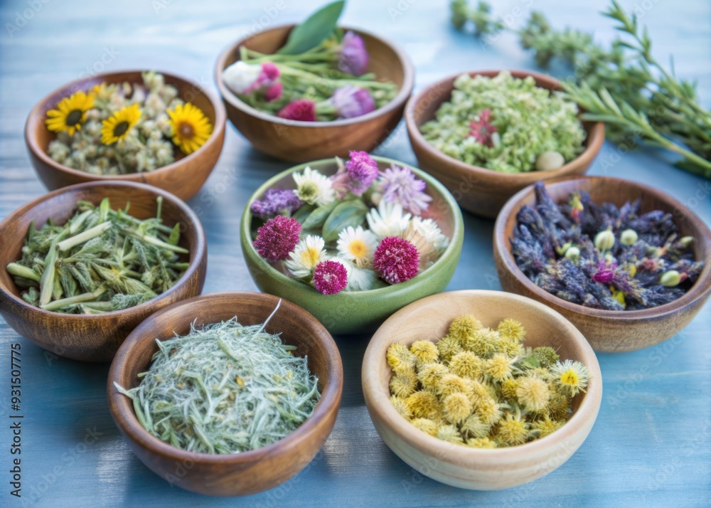 Various kinds of dried herbs and flowers in wooden bowls. Various kinds of dried herbs and flowers in wooden bowls.