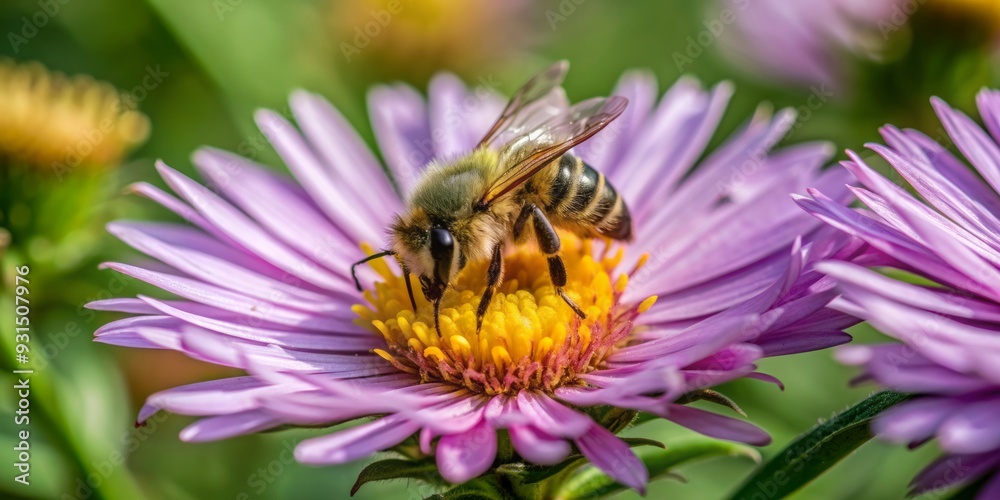Solitary bee resting on vibrant purple aster flower with soft focus background providing ample copy space for text or graphics overlays and designs. Solitary bee resting on vibrant purple aster flower with soft focus background providing ample copy space for text or graphics overlays and designs.