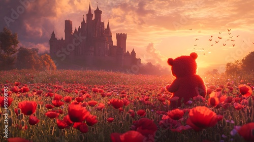 Cheer bear, ruby red fur, excited expression, in a field of poppies, majestic castle backdrop, Panasonic S1R with 24-105mm lens, sunset lighting, fairy tale style, vivid reds, joyous mood photo