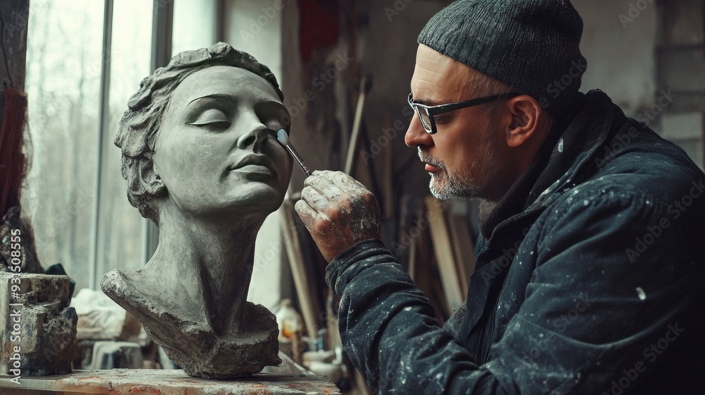 A sculptor works on a clay bust of a woman in his studio, carefully adding details to the face. A sculptor works on a clay bust of a woman in his studio, carefully adding details to the face.