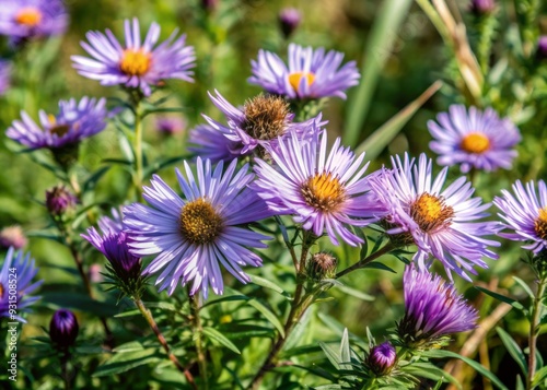 Vibrant purple blooms of New England Aster wildflowers sway gently in a serene meadow field, surrounded by lush green foliage and warm sunlight.