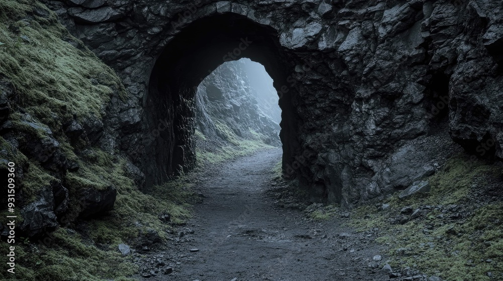 A stone archway leading into a foggy landscape, with green moss on the sides.