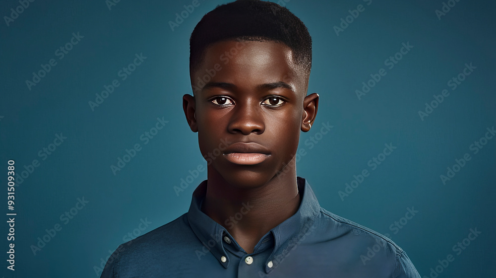 Obraz premium Portrait of a happy cheerful serious, troubled African American teenager guy with perfect skin, dark blue background, banner.