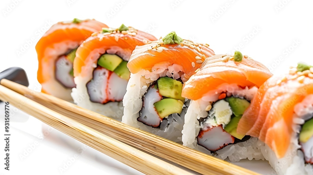 Creative sushi rolls on bamboo chopstick isolated on white background Japanese luxury cuisine menu Asian restaurant menu design Mix of sushi pieces with salmon tuna fish avocado and ri : Generative AI Creative sushi rolls on bamboo chopstick isolated on white background Japanese luxury cuisine menu Asian restaurant menu design Mix of sushi pieces with salmon tuna fish avocado and ri : Generative AI