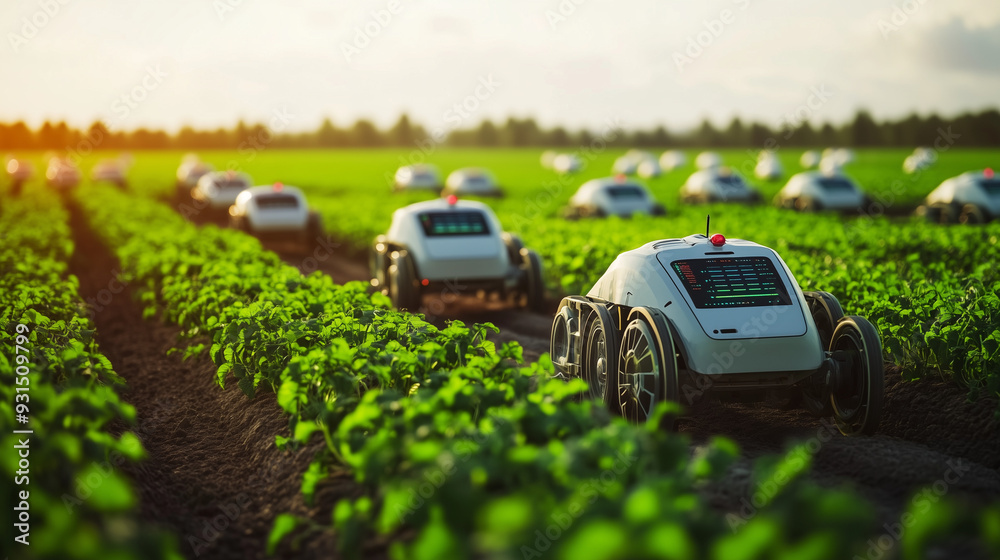 Futuristic AI-driven autonomous farming operation optimizing crop yields, featuring advanced robotics, precision agriculture techniques, real-time data analytics, and intelligent systems to manage pla Futuristic AI-driven autonomous farming operation optimizing crop yields, featuring advanced robotics, precision agriculture techniques, real-time data analytics, and intelligent systems to manage pla